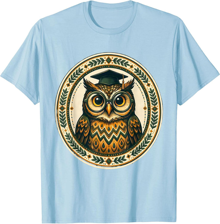 Men's Wise Owl English Teacher Graduation Cap Design T-Shirt - Baby Blue