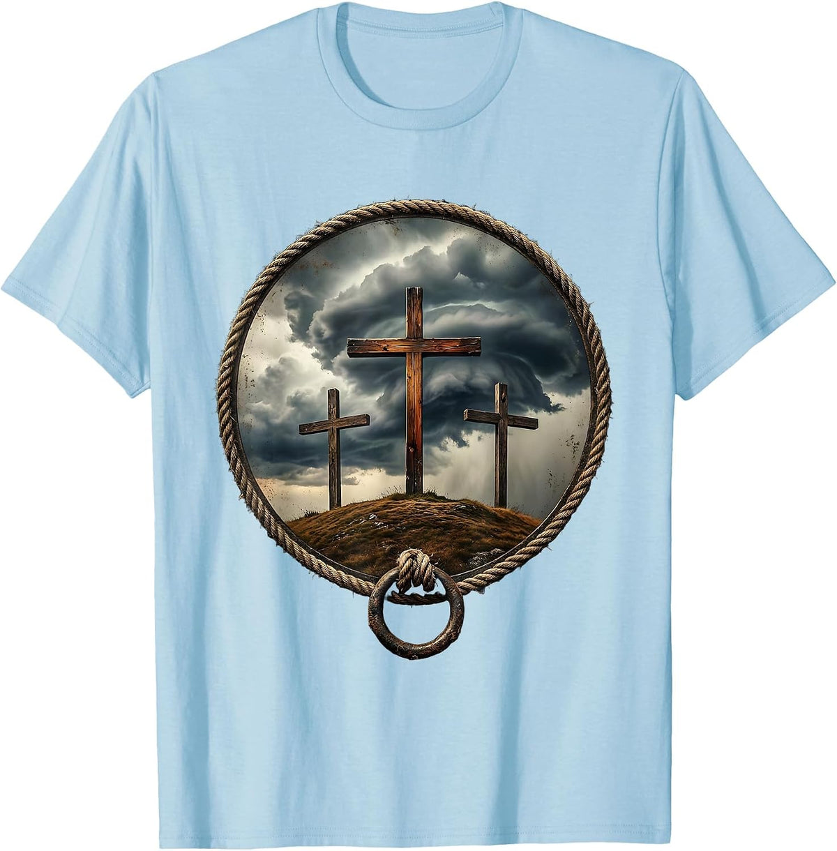 Men's Three Crosses on a Hill Under a Stormy Sky T-Shirt - Baby Blue