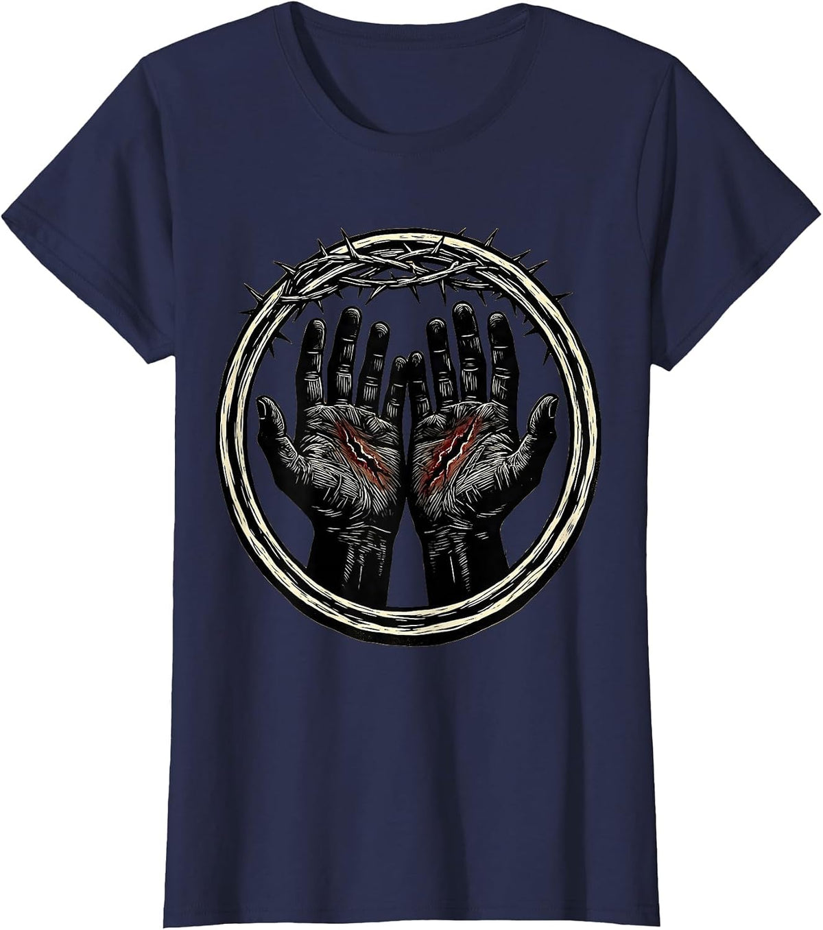 Women's Jesus Nail Scarred Hands Faith Graphic T-Shirt - Navy Blue