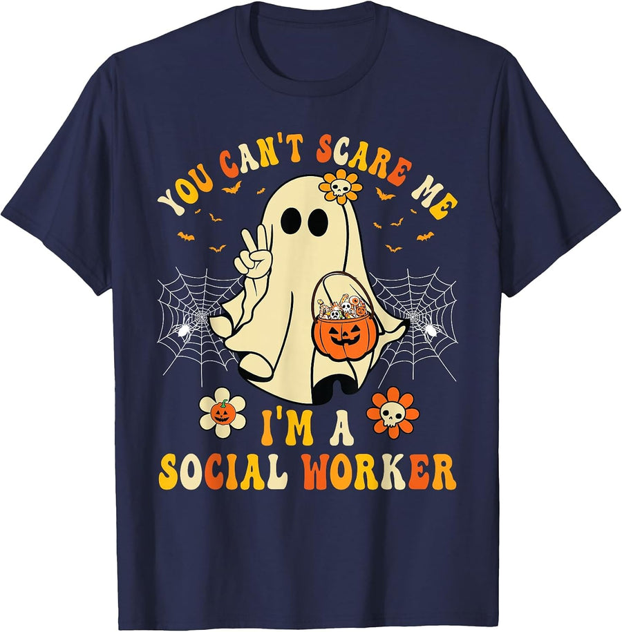 You Can't Scare Me I'm a School Social Worker Halloween T-Shirt - Navy Blue