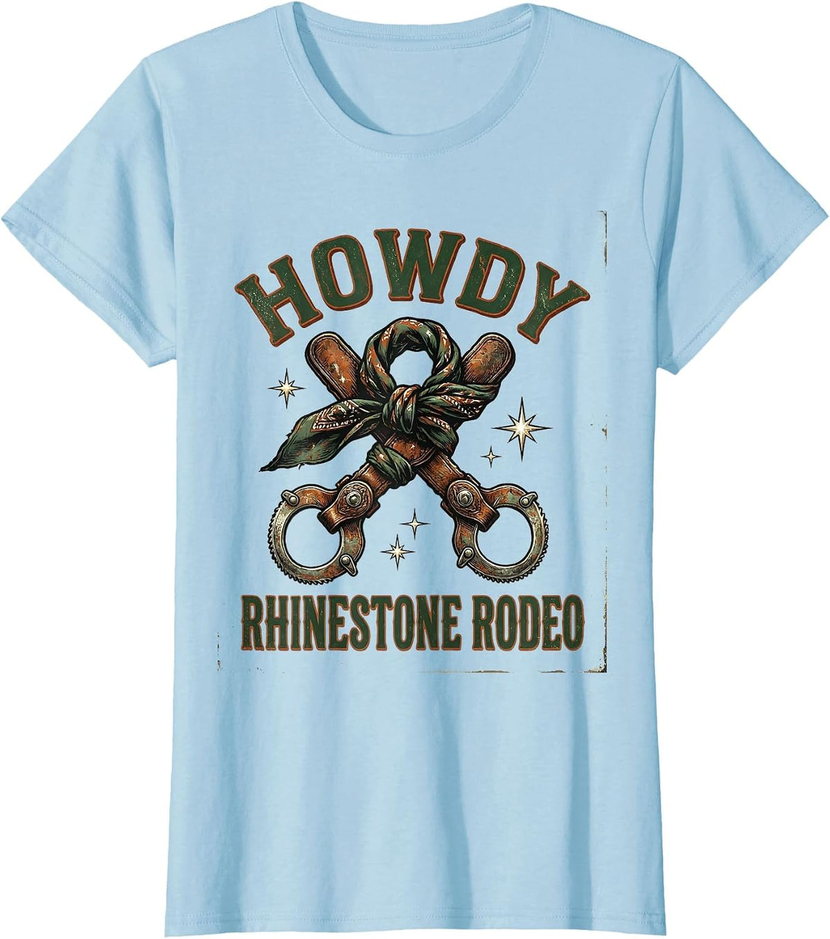 Women's Howdy Rhinestone Rodeo Vintage Western Cowgirl Boot Bling T-Shirt - Baby Blue