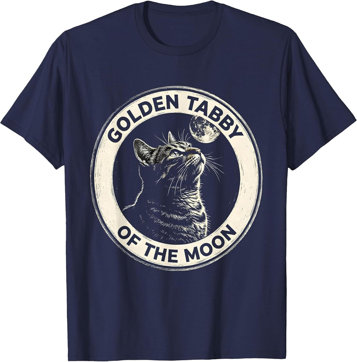 Golden Tabby Of The Moon Scratchboard Retro Cat Art T-Shirt - Navy Blue
