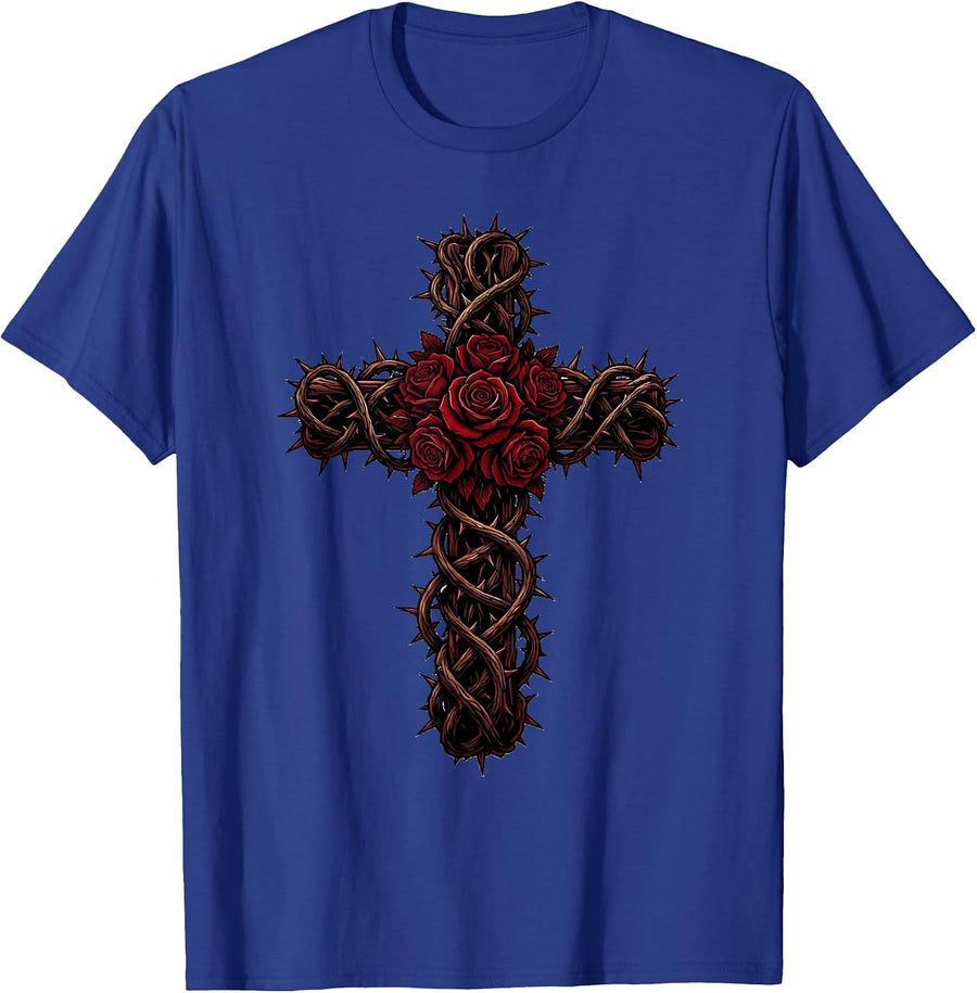 Cross Wrapped in Thorny Vines Graphic Design T-Shirt - Royal Blue