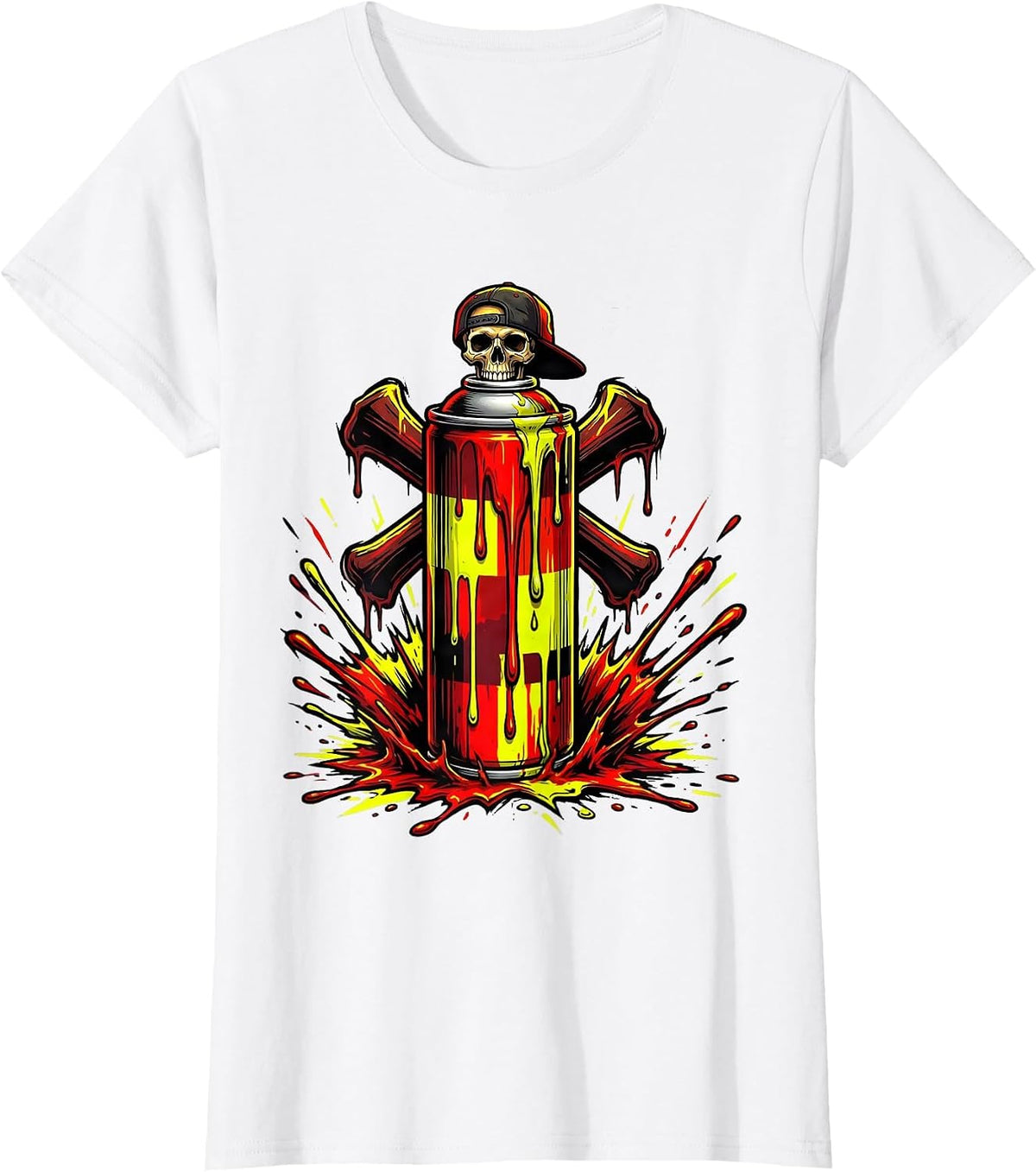 Punk Rock Dripping Spray Paint Can Skull Cap T-Shirt - White