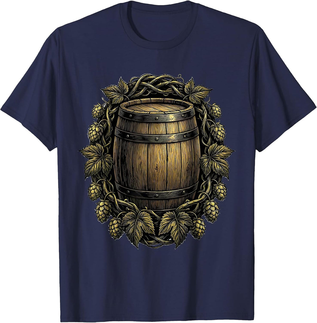 Hop Vines and Barrel Craft Beer Illustration T-Shirt - Navy Blue