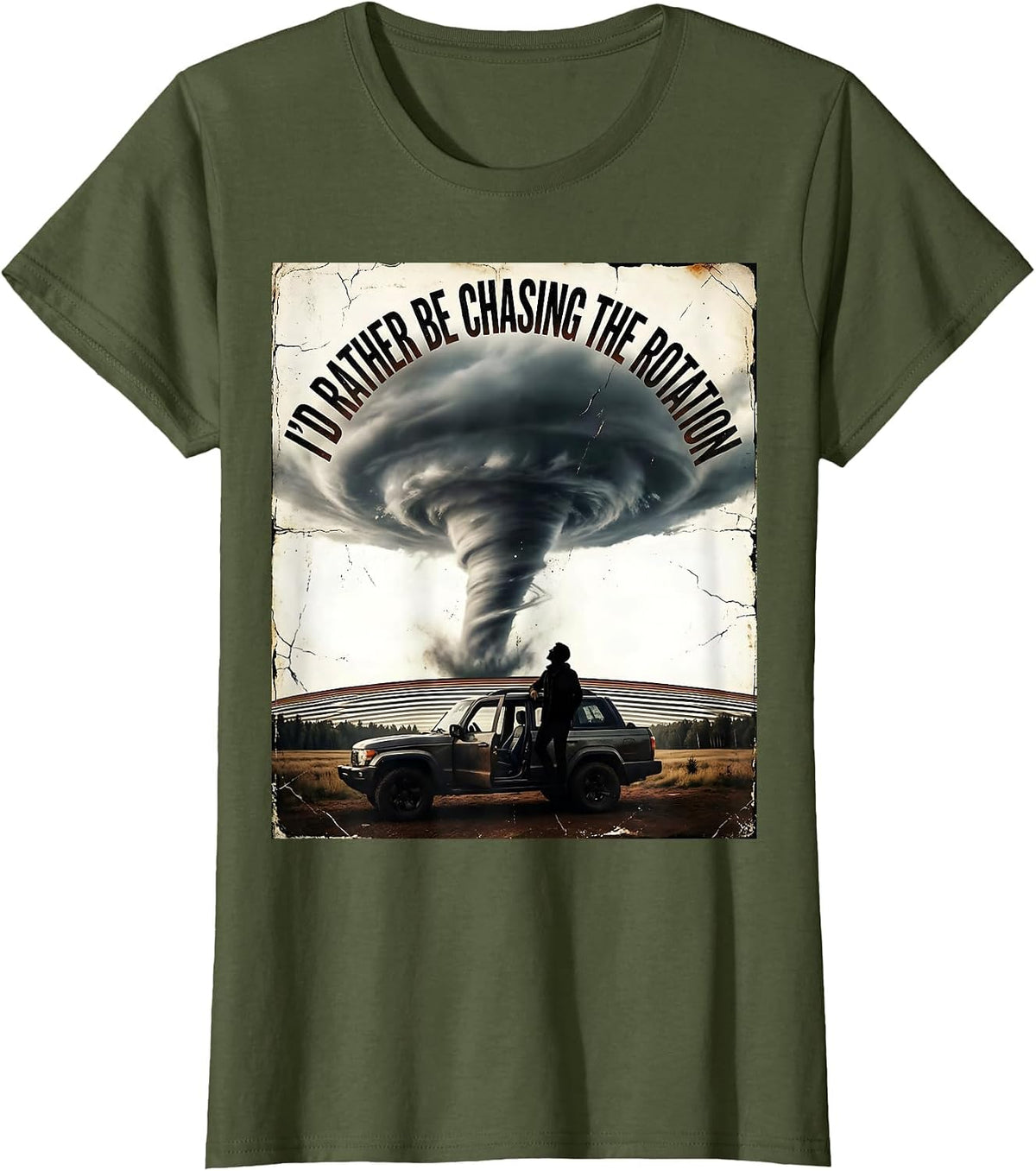 Women's I'd Rather Be Chasing The Rotation Distressed Storm Chaser T-Shirt - Olive Green