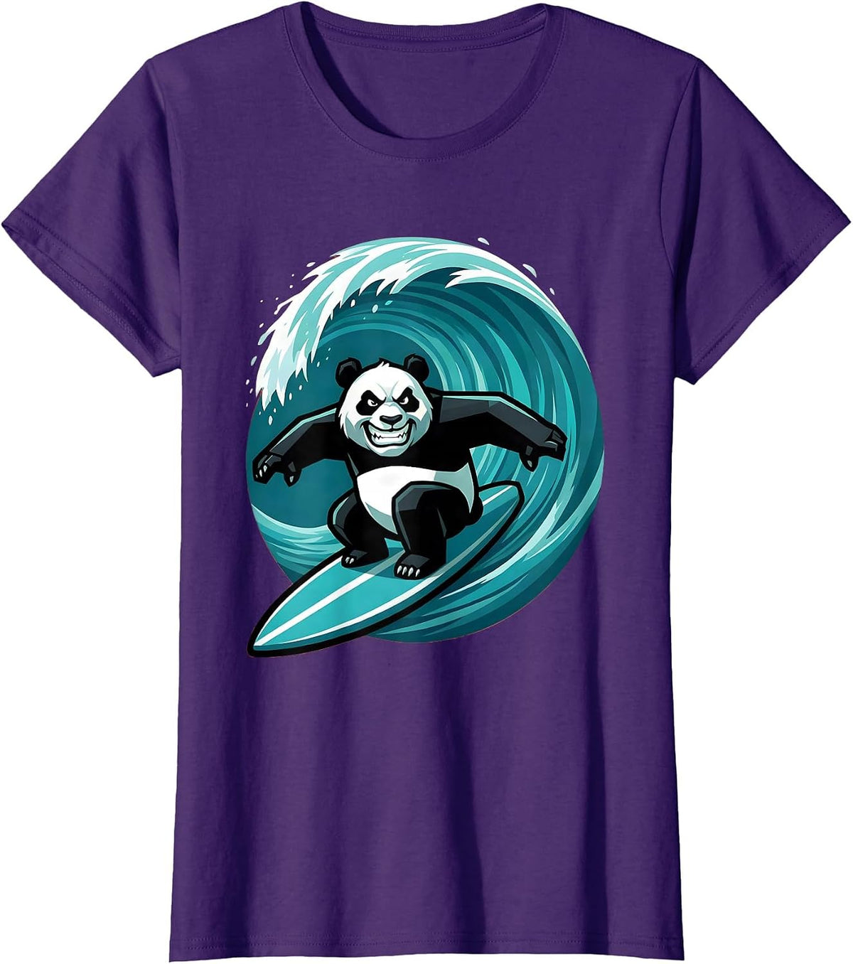 Women's Panda Surfer Riding Giant Ocean Wave T-Shirt - Purple