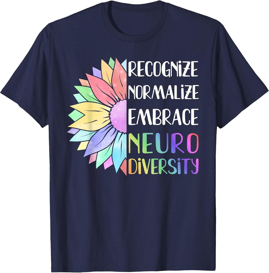 Embrace Neurodiversity - Rainbow Sunflower ADHD Autism T-Shirt - Navy Blue