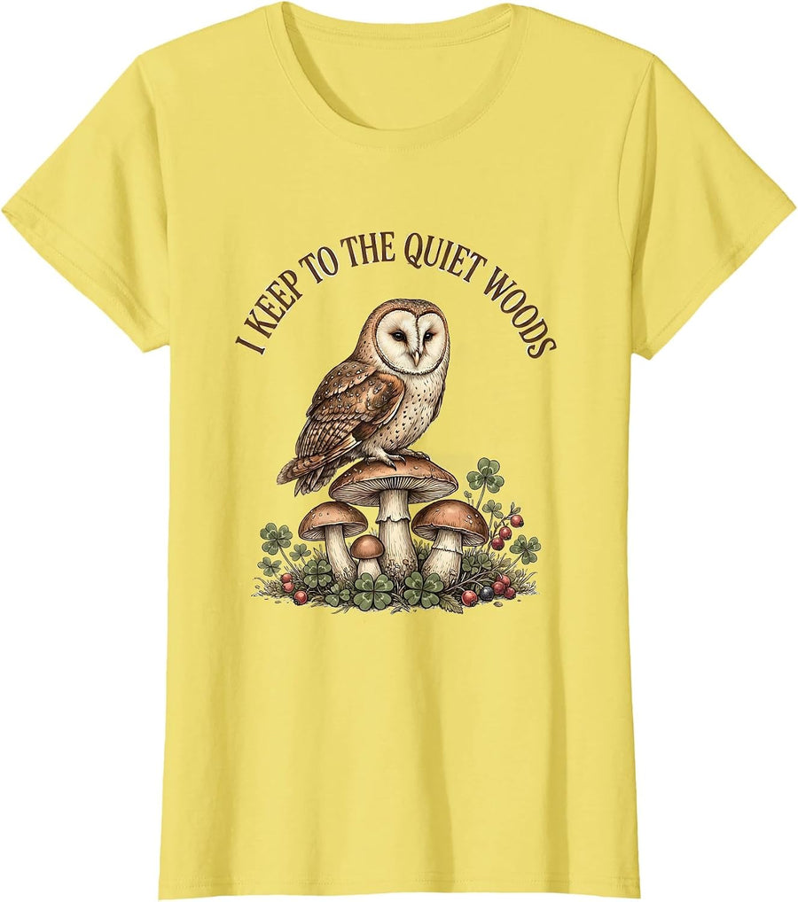 Women's I Keep to the Quiet Woods Cottagecore Owl Floral Naturecore T-Shirt - Lemon Yellow