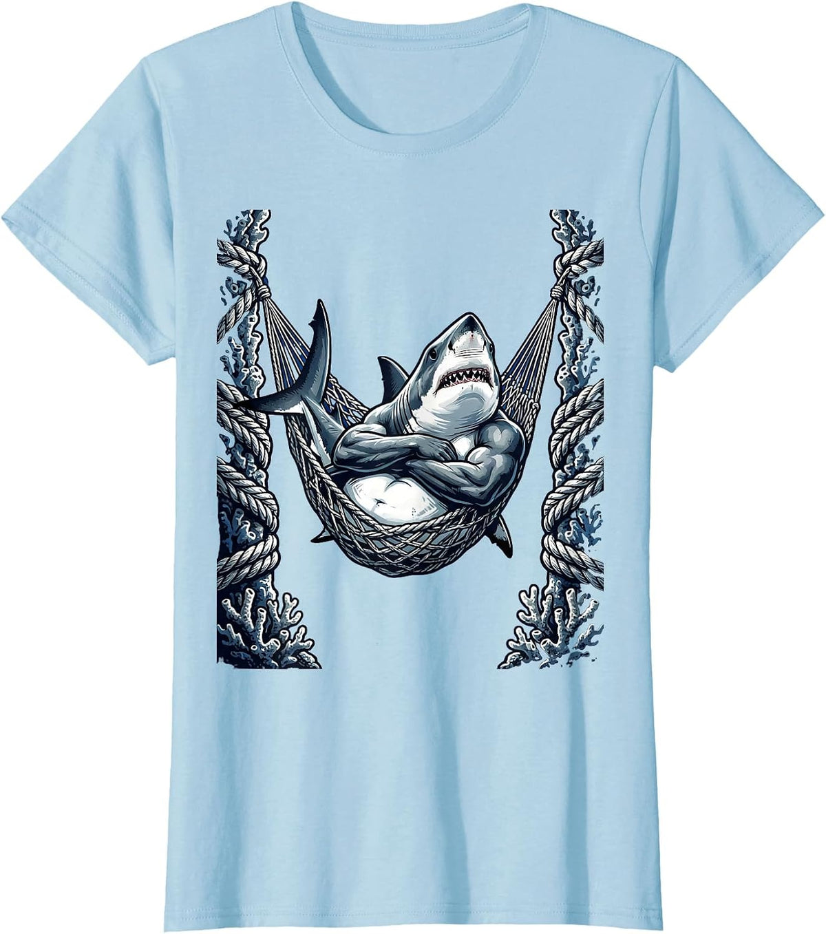 Daddy Shark Napping in Hammock Coral Design T-Shirt - Baby Blue