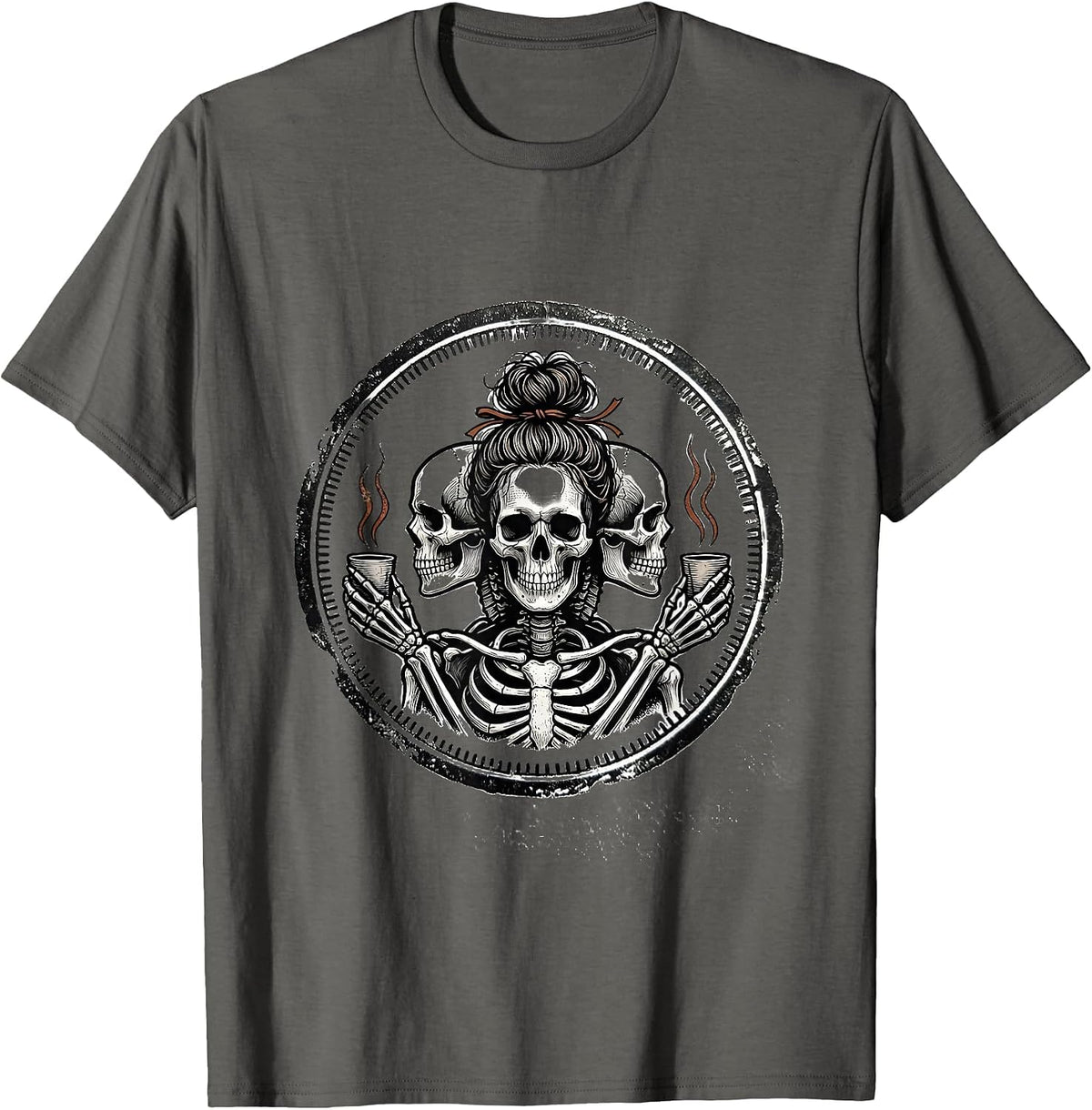 Messy Bun Skeleton Coffee Rubber Stamp Humor T-Shirt - Asphalt Grey