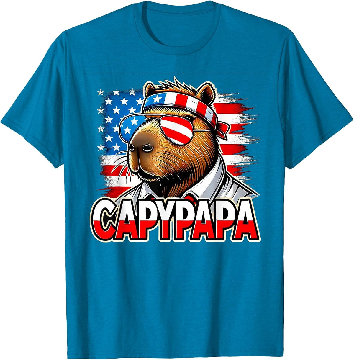 Capybara Papa - CapyPapa - 4th of July American Flag Rodent T-Shirt - Sapphire Blue