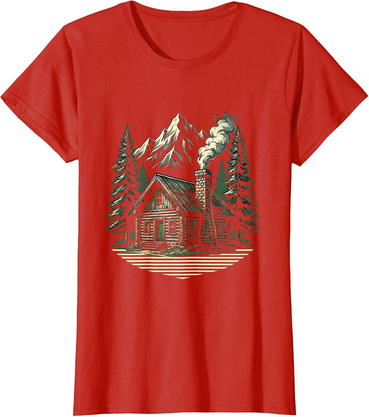 Mountain Cabin Smoke Chimney Wilderness Illustration T-Shirt - Red