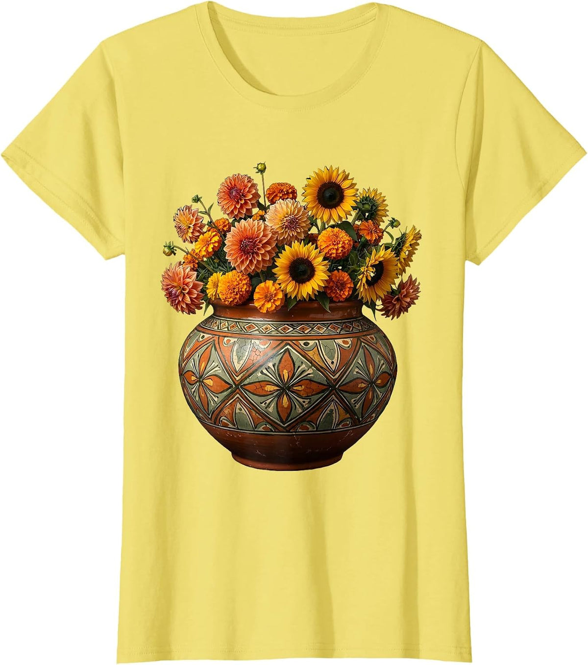 Mexican Hand-Painted Pottery Bowl with Flowers T-Shirt - Lemon Yellow