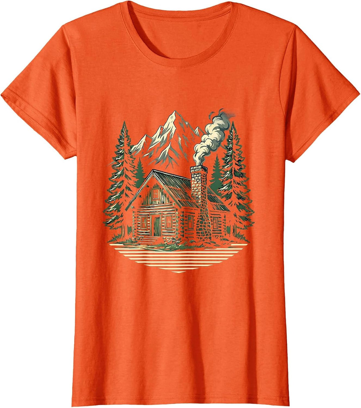 Mountain Cabin Smoke Chimney Wilderness Illustration T-Shirt - Orange