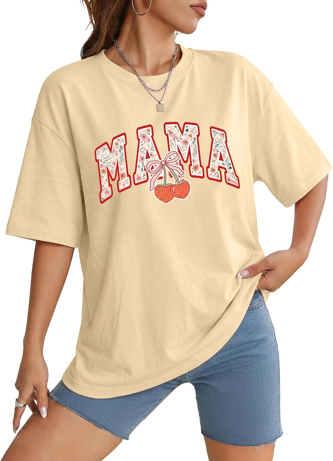 Aiyino Womens Mama Graphic Tee Casual Cotton Shirt - Strawberry Mama