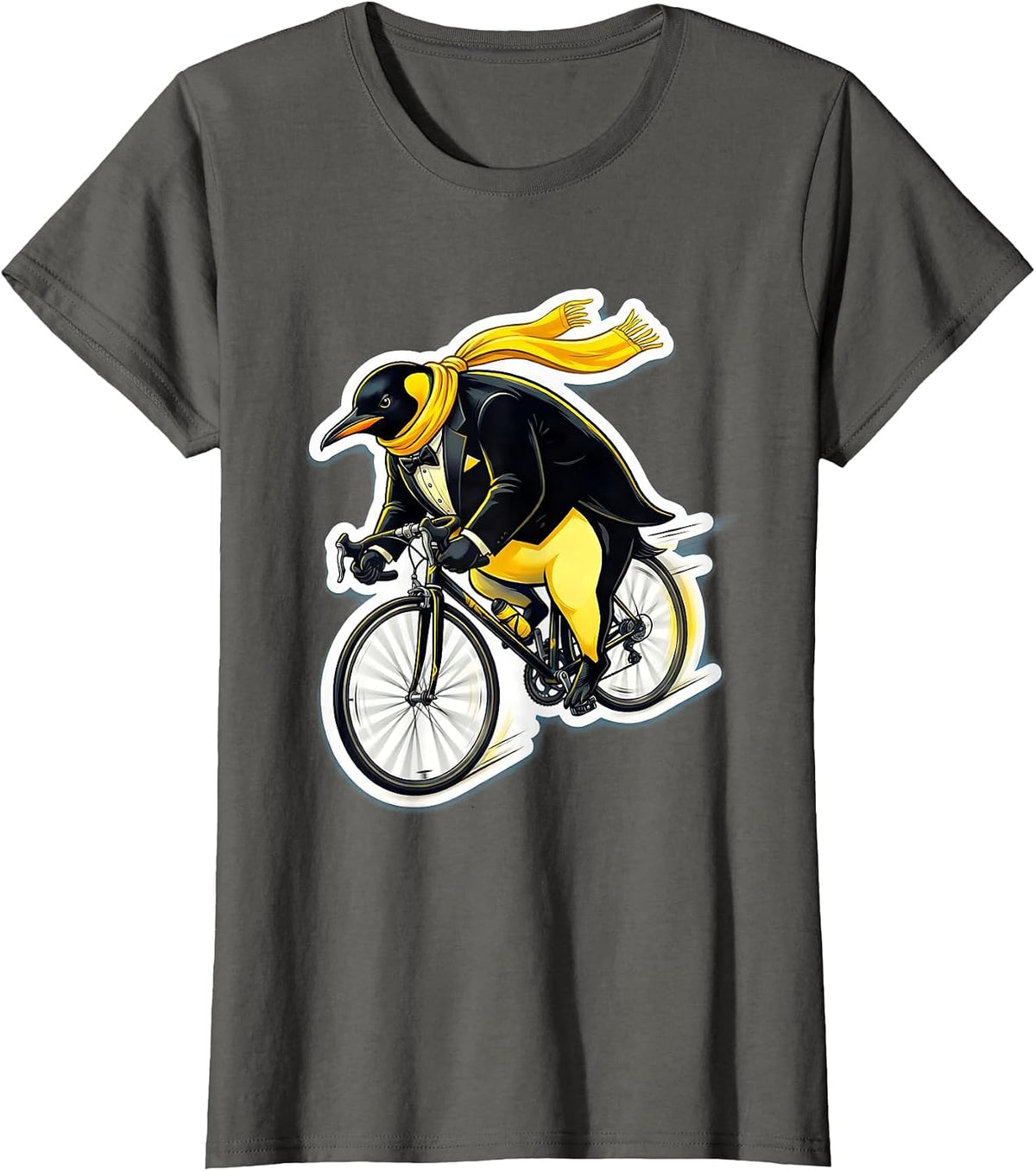 Women's Penguin Downhill Bicycle Speed Cycling Illustration T-Shirt - Asphalt Grey