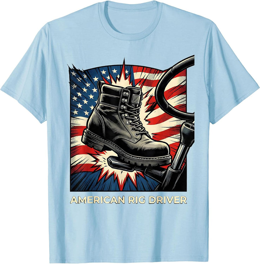 Men's American Rig Driver Comic Book Patriotic Trucker Occupation T-Shirt - Baby Blue