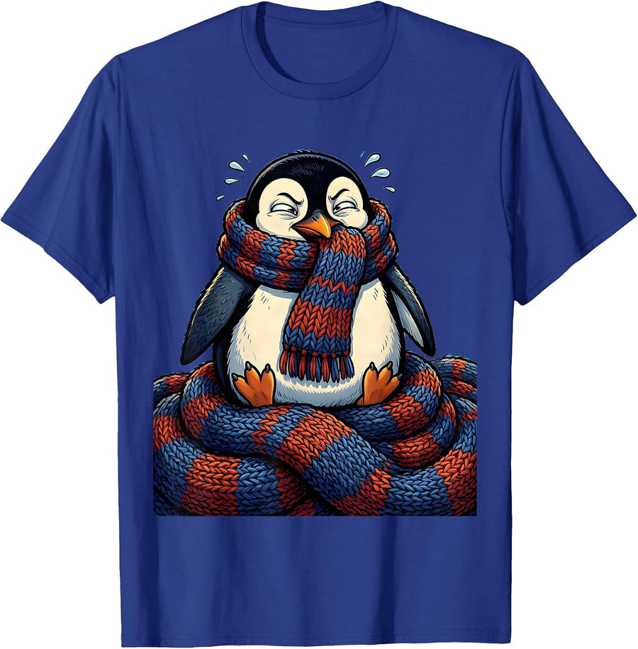 Cozy Penguin Bundled Up in Oversized Scarf T-Shirt - Royal Blue