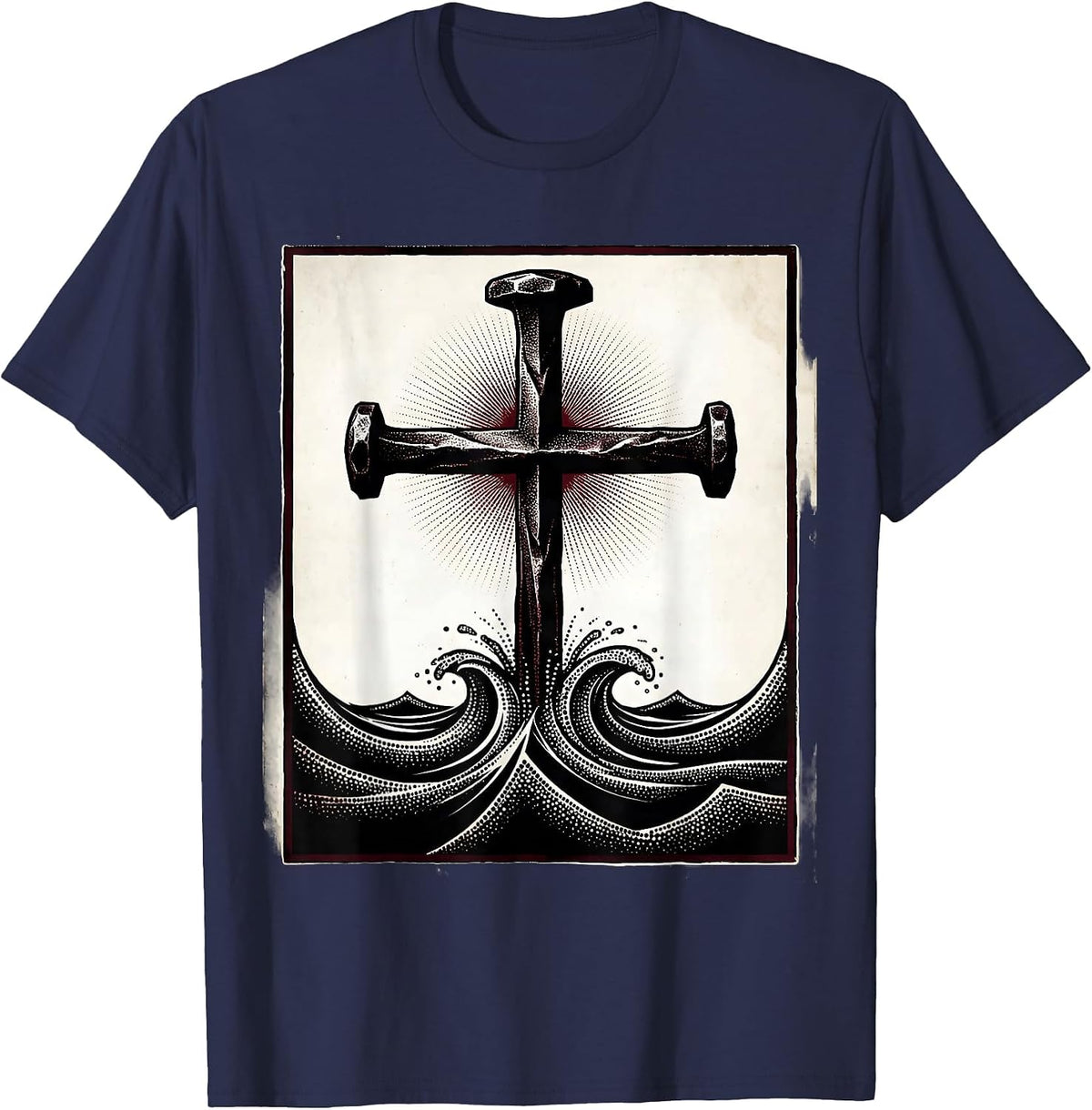 Men's Three Nails Rising Water Christian Cross Design T-Shirt - Navy Blue