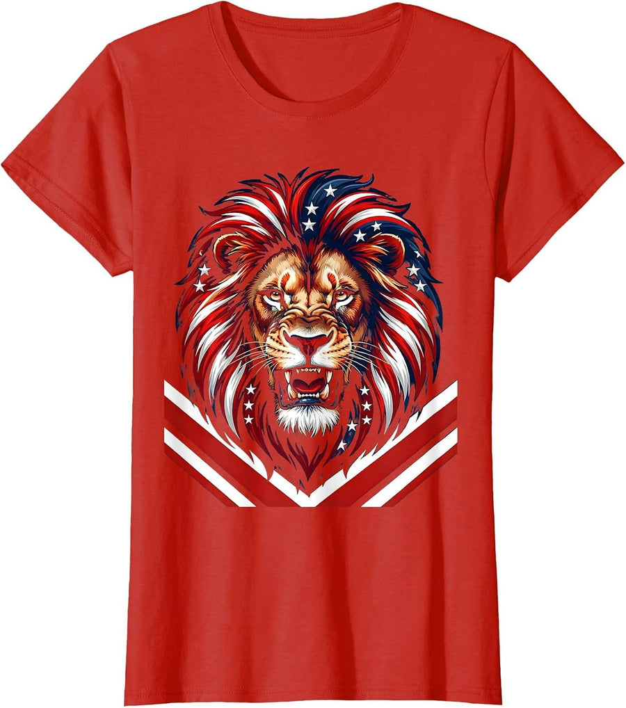 Women's Patriotic Lion Stars and Stripes Mane Design T-Shirt - Red