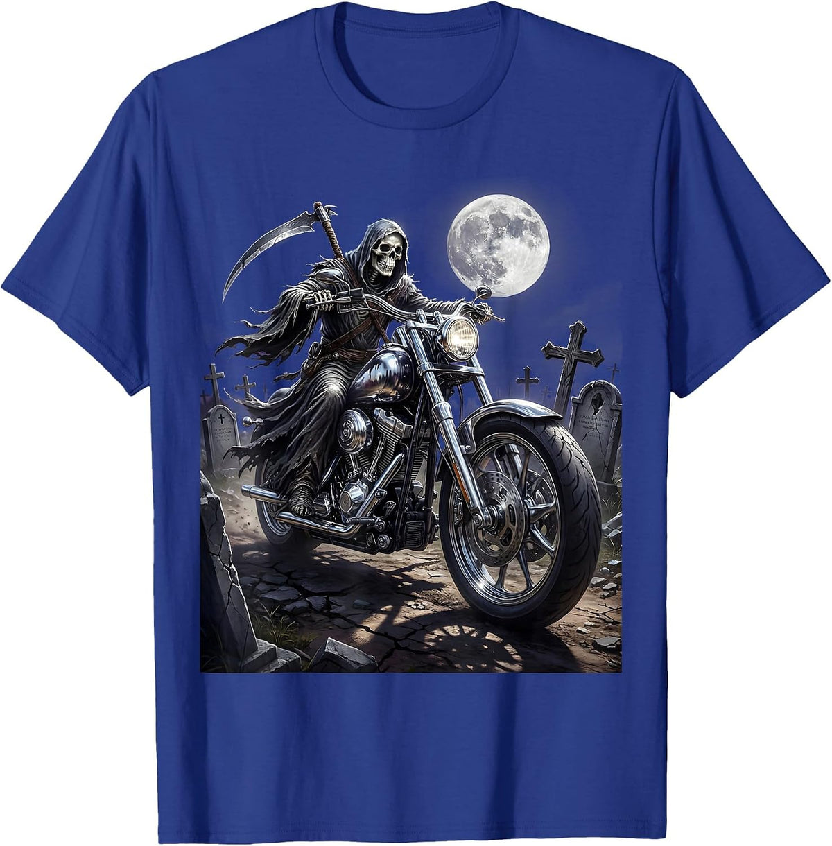 Grim Reaper Biker Graveyard Night Metal Graphic T-Shirt - Royal Blue