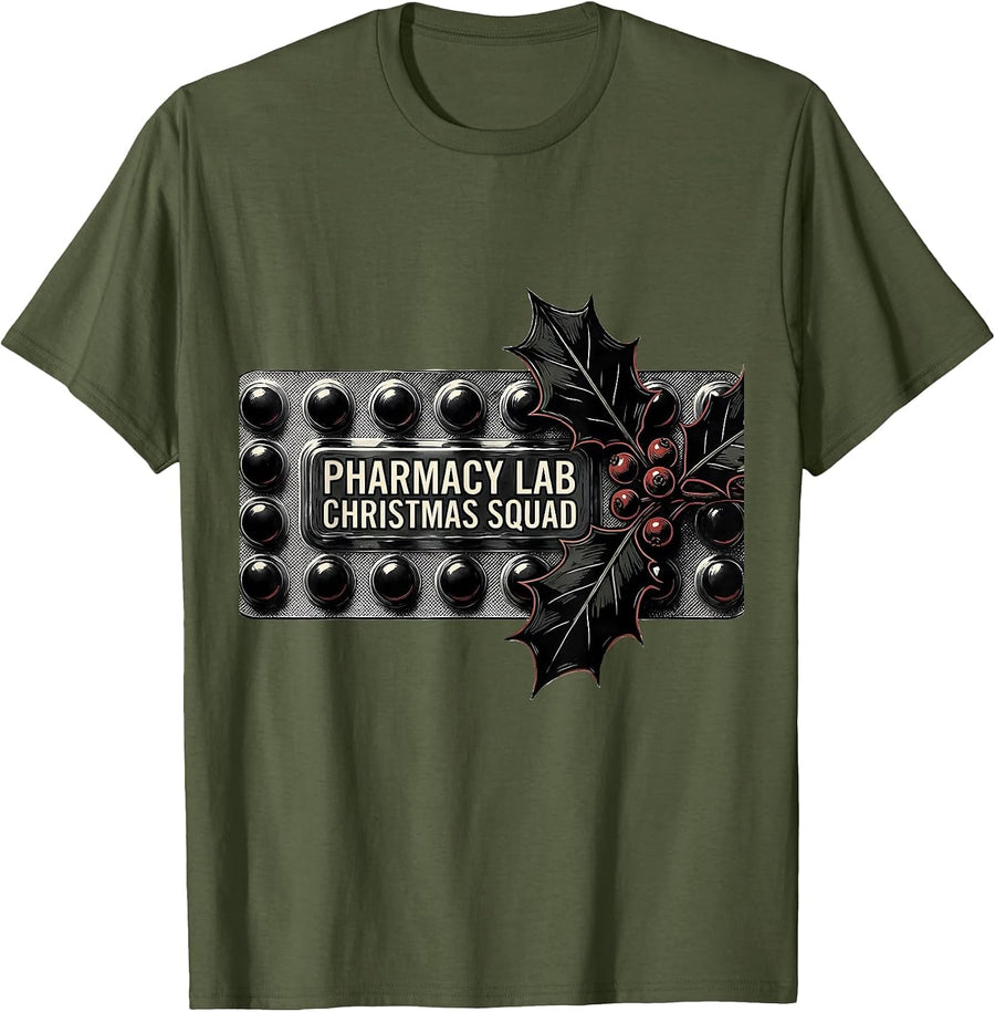 Men's Pharmacy Lab Christmas Squad Funny Pharmacy Tech Holiday T-Shirt - Olive Green
