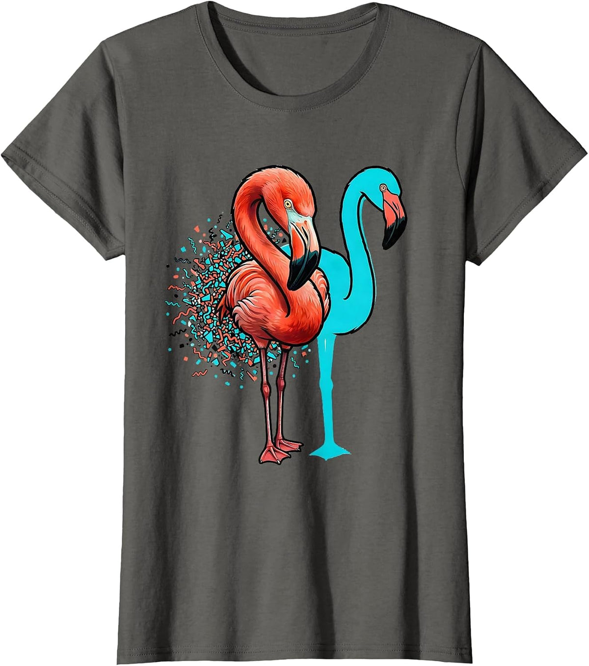Women's Pink Flamingo Hook Gesture Memphis Postmodern Bird Lover T-Shirt - Asphalt Grey