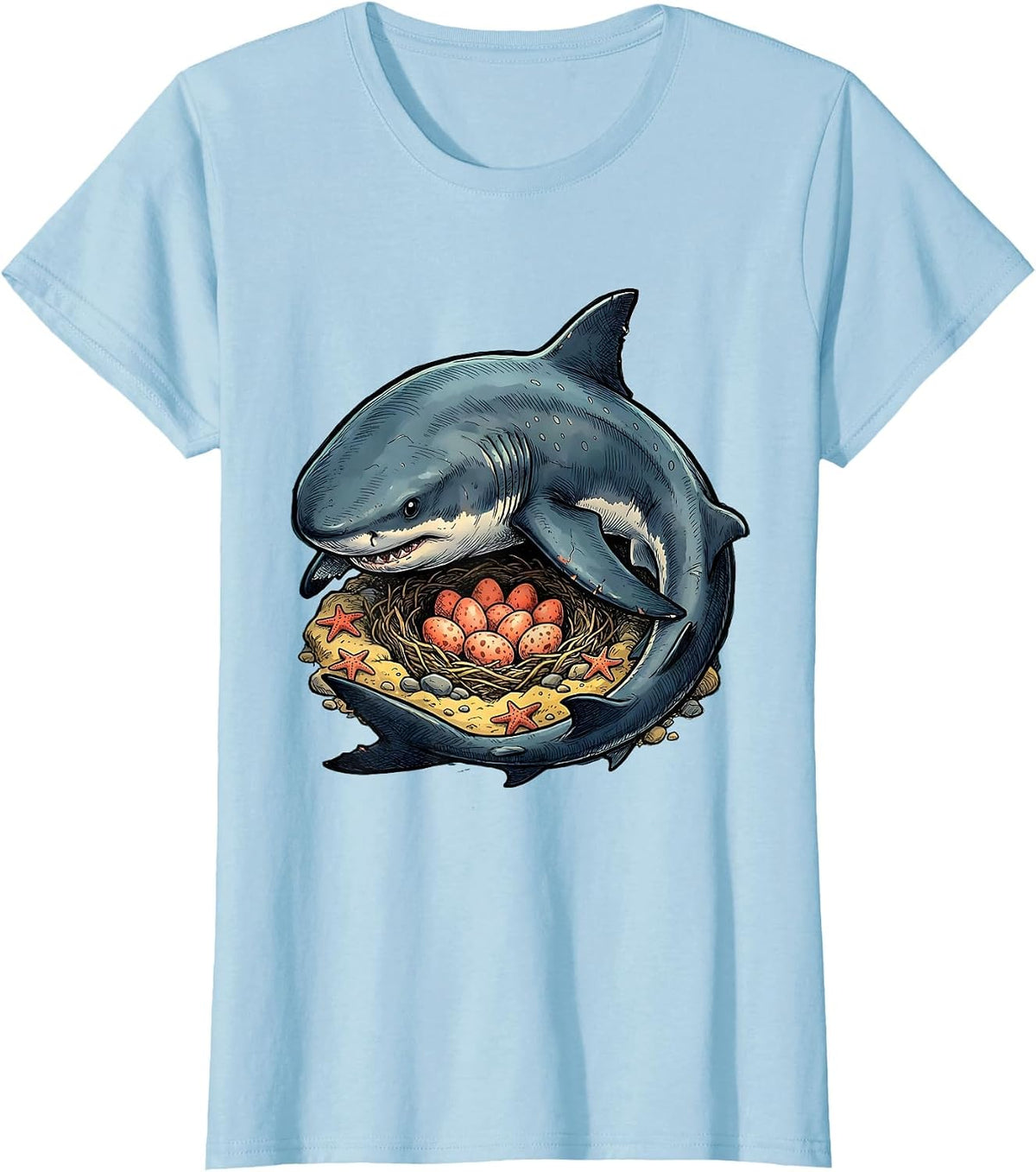 Mama Shark Protecting Eggs in Nest Illustration T-Shirt - Baby Blue