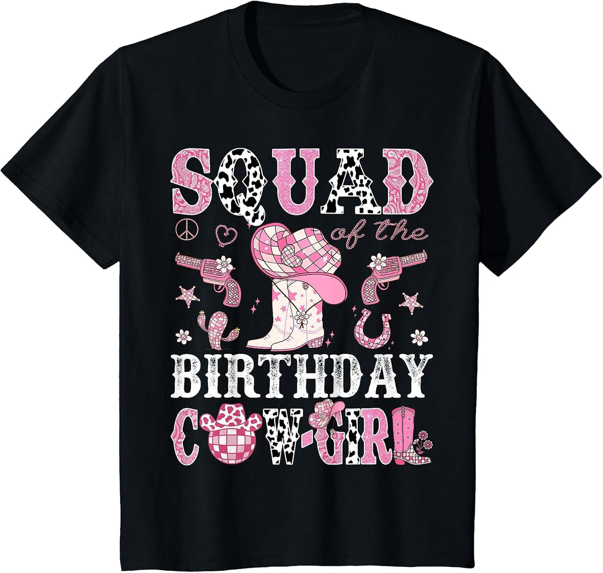 Squad of The Birthday Cow-Girl Pink Disco Rodeo Western T-Shirt - Black