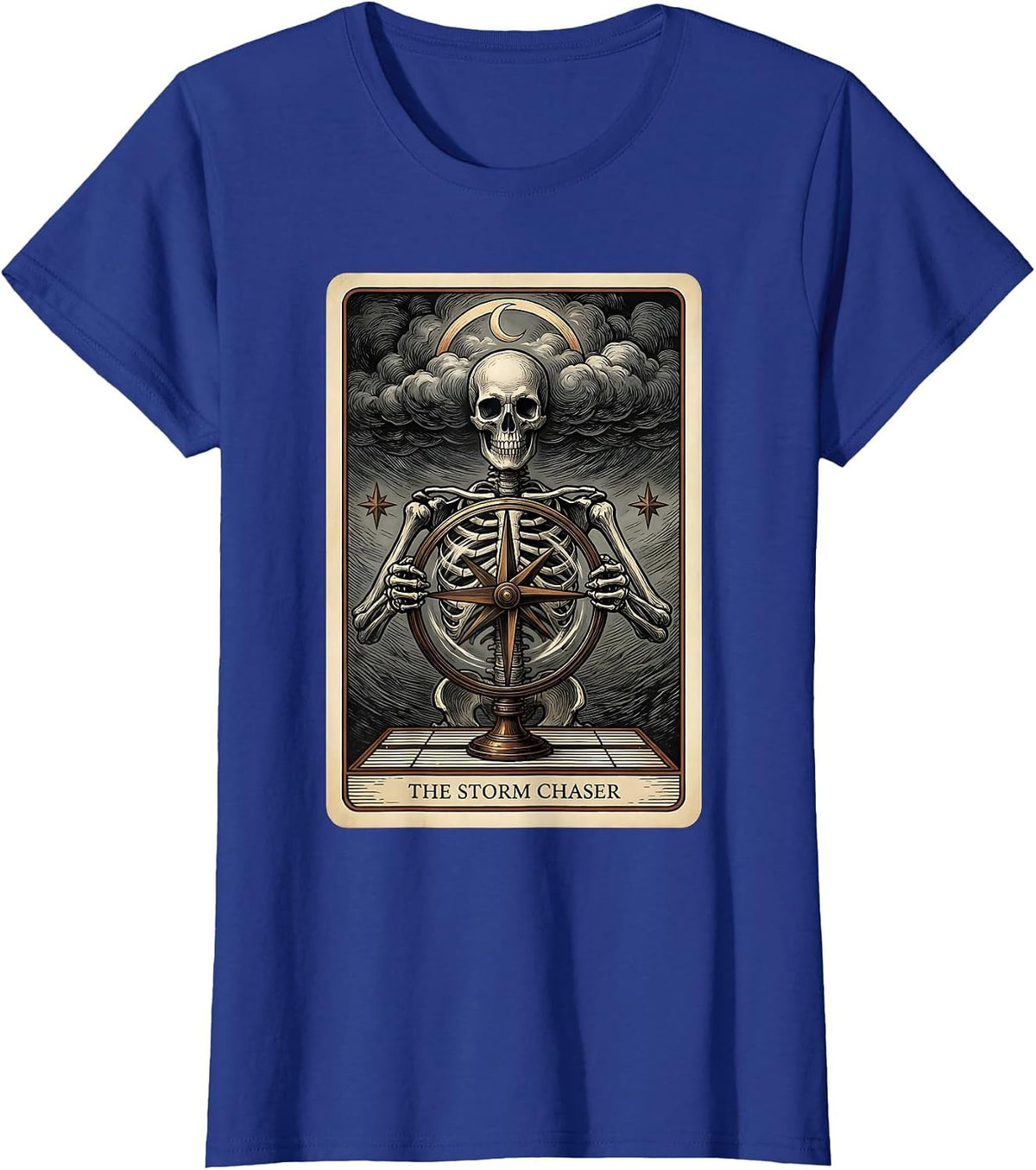 Women's The Storm Chaser Gothic Tarot Card Skeleton Halloween Humor T-Shirt - Royal Blue