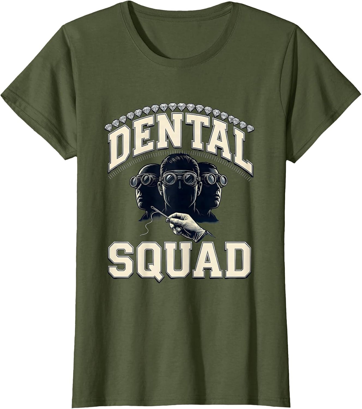 Women's Dental Squad Sparkle Varsity Dental Hygienist Dental T-Shirt - Olive Green