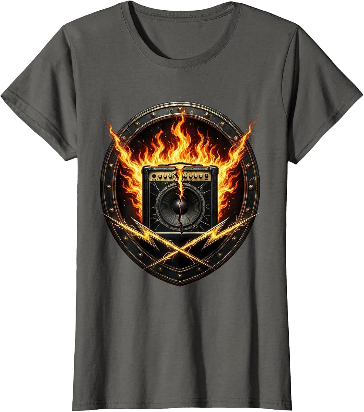 Women's Broken Amp Flames 80s Rock Band Graphic T-Shirt - Asphalt Grey