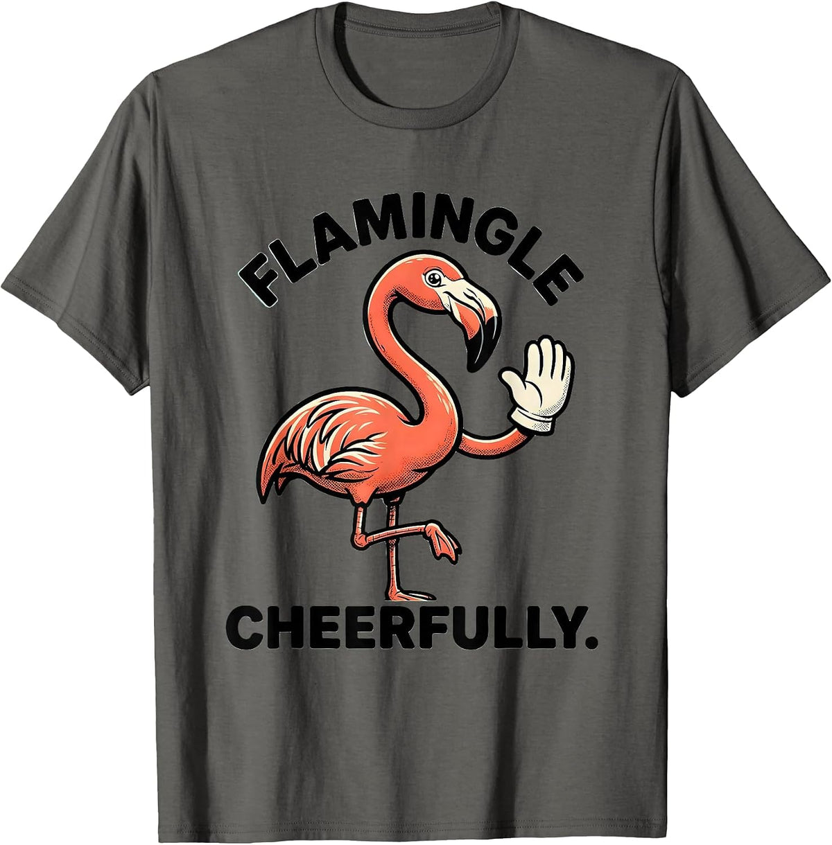 Flamingle Cheerfully Retro Cartoon Pink Flamingo Funny T-Shirt - Asphalt Grey