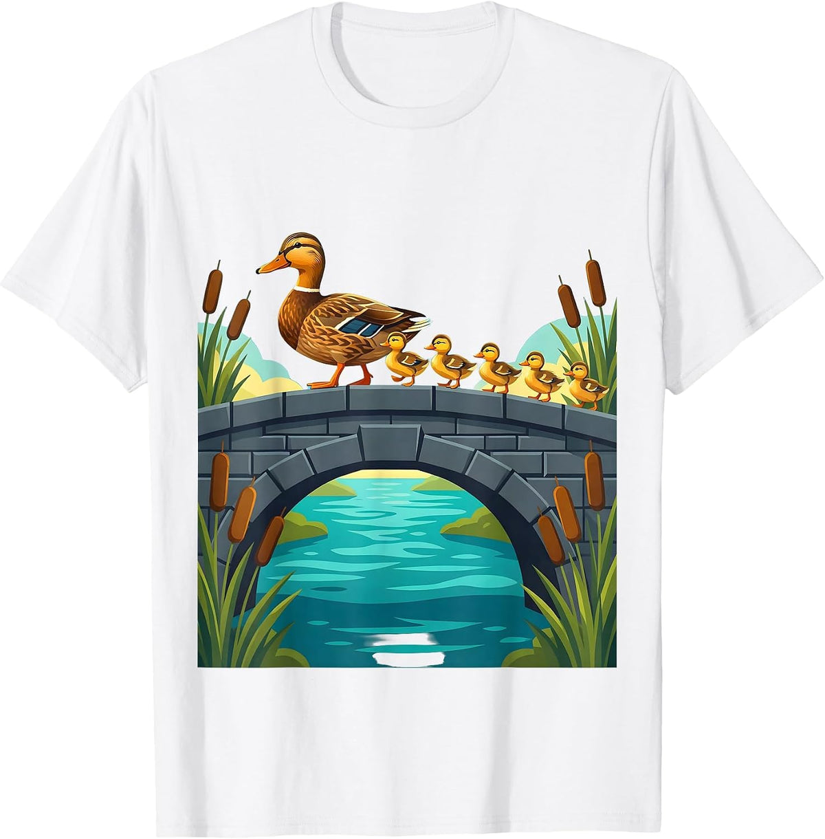 Family of Ducks Crossing Old Stone Bridge T-Shirt - White