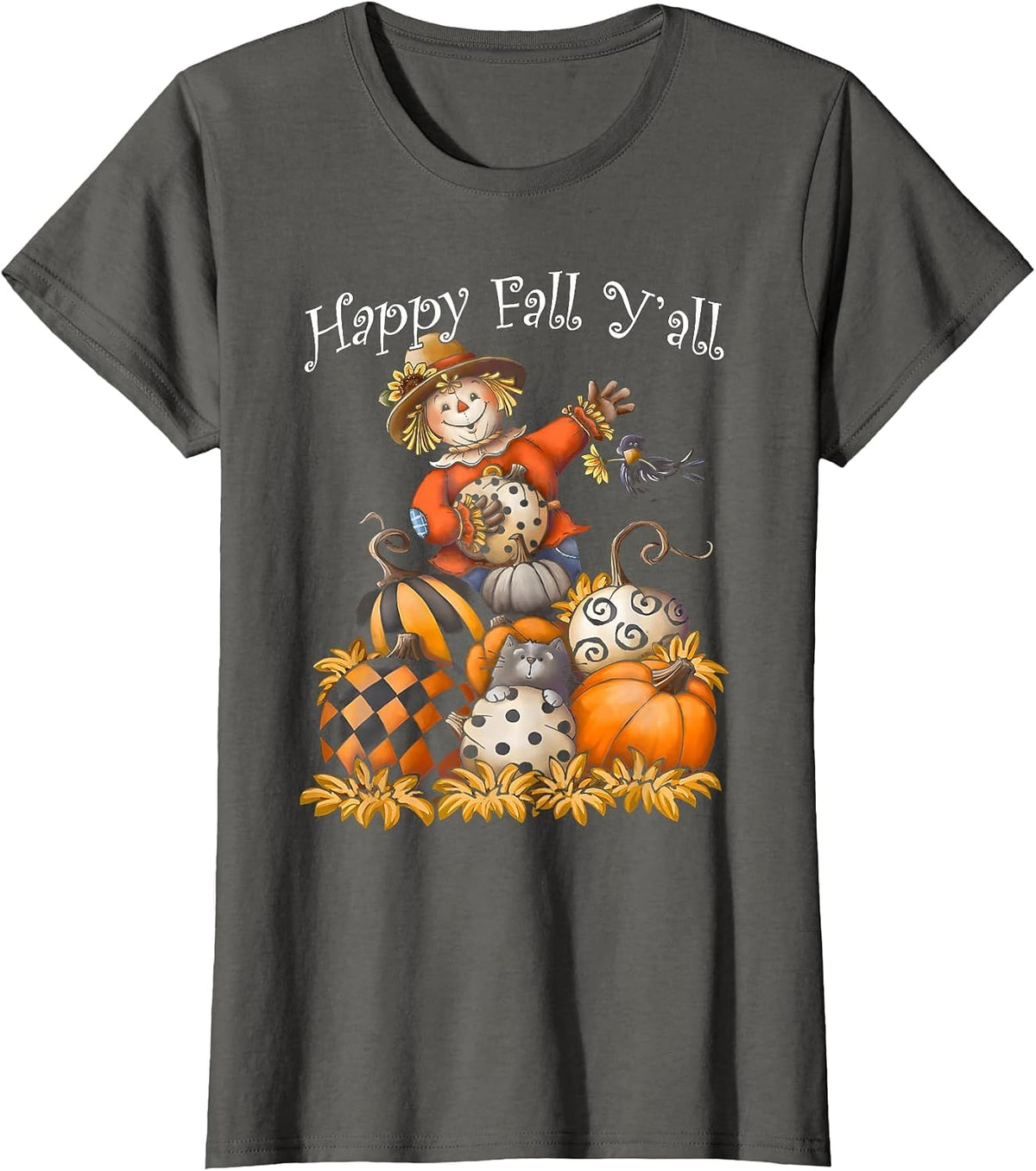 Scarecrow Happy Fall Y'all Pumpkin Thanksgiving Halloween T-Shirt - Asphalt Grey