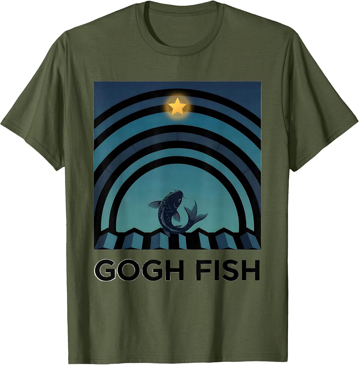 Gogh Fish Flat Vector Van Gogh Art Parody Cat Lover Humor T-Shirt - Olive Green
