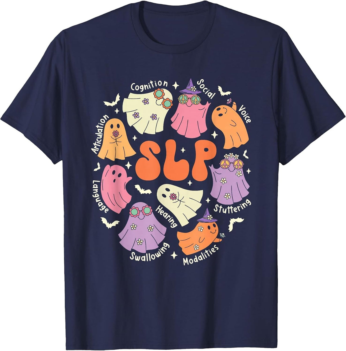 Cute Ghost Friends Halloween AAC SLP Squad Speech Language T-Shirt - Navy Blue