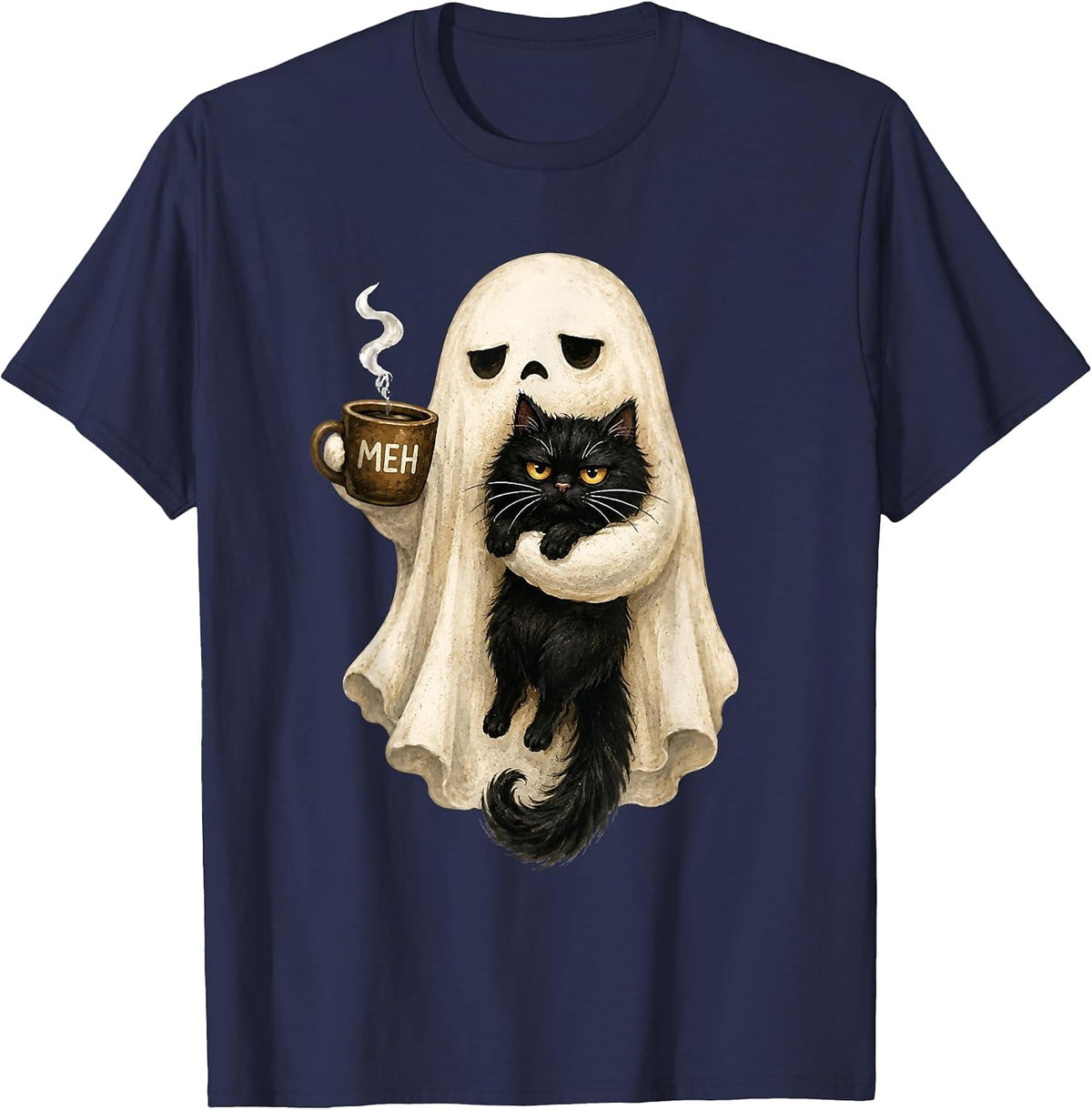 Ghost Cat Spooky Black Cat Funny Halloween Coffee Lover T-Shirt Tee for Women Men - Navy Blue