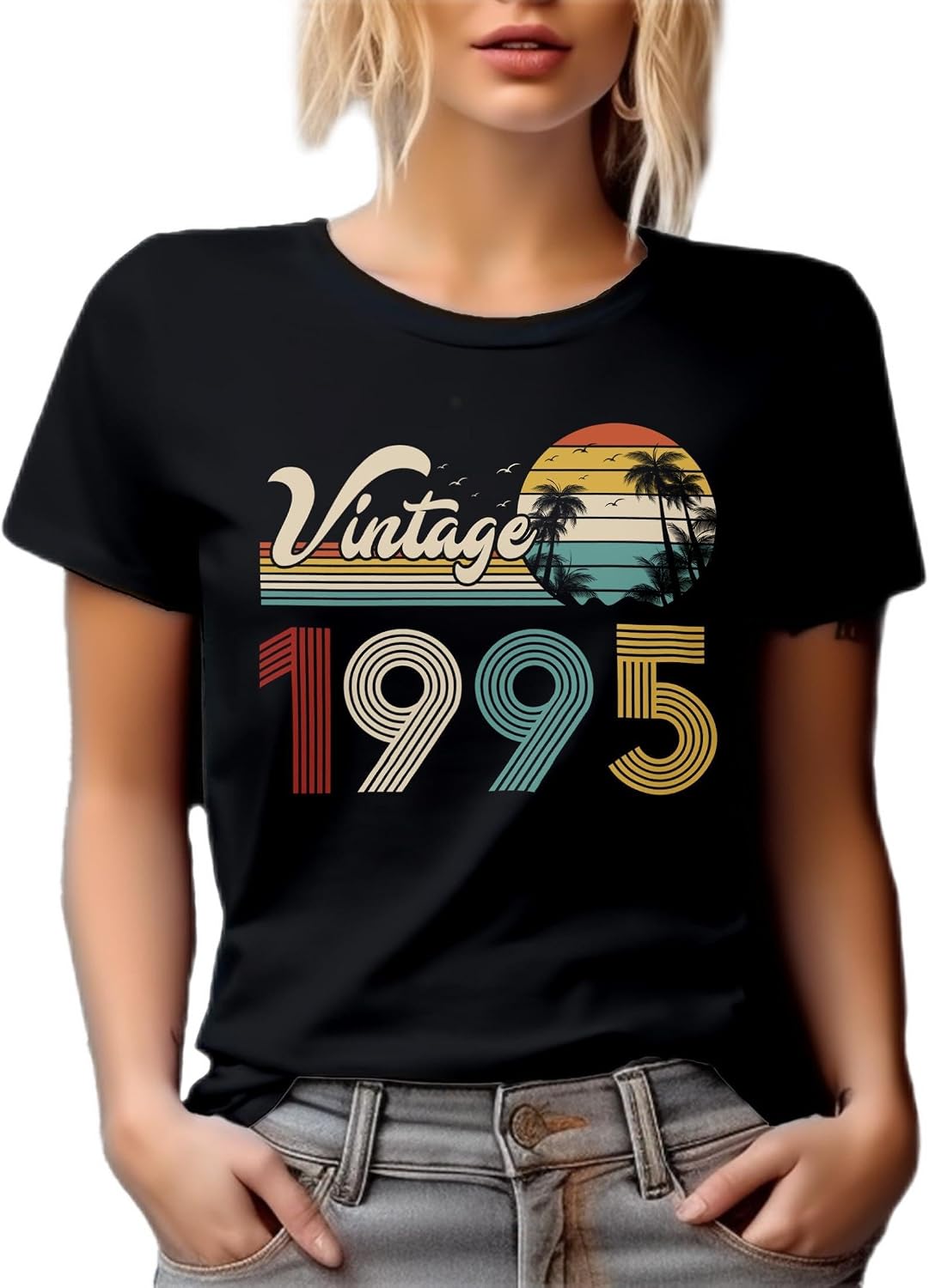 Vintage 1995 feat. Retro Sunset & Palm Trees Graphic Tshirt - Black
