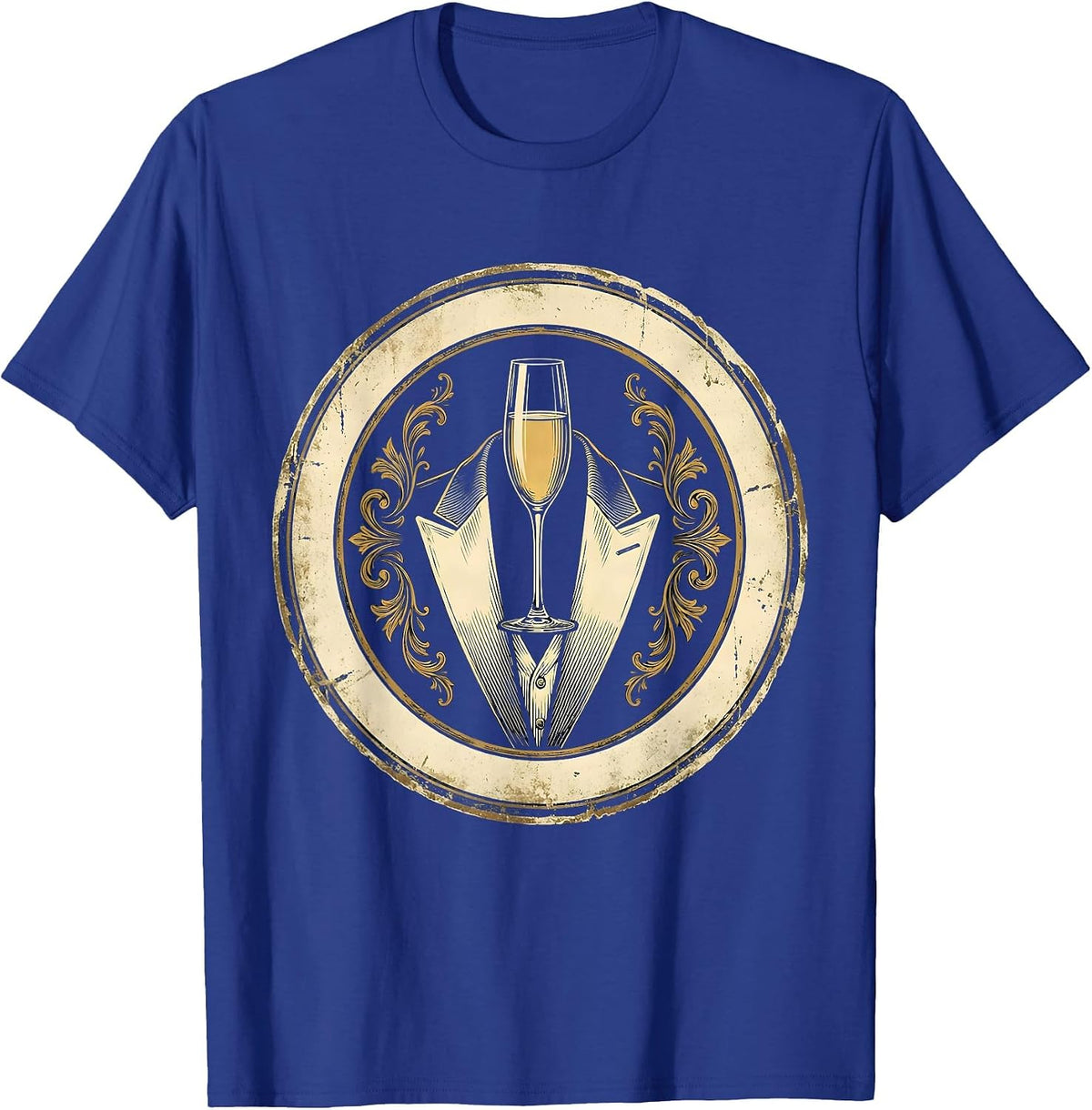 Champagne Glass on Tuxedo Lapel Graphic T-Shirt - Royal Blue