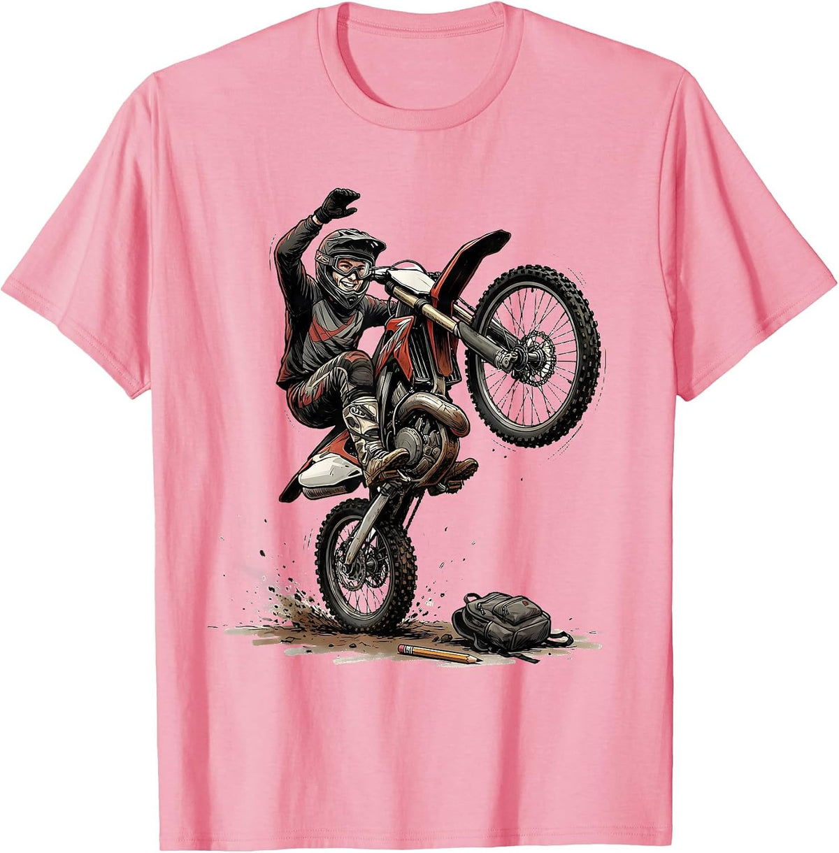 Men's Hand-Sketched Wheelie Rider Dirt Bike Motocross Pride T-Shirt - Pink