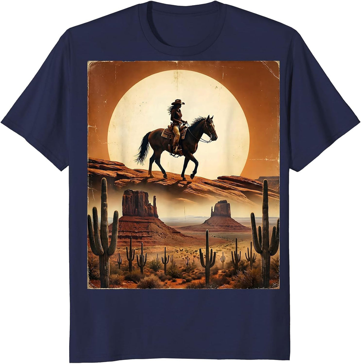 Cowgirl Silhouette Desert Sunset Western Art T-Shirt - Navy Blue
