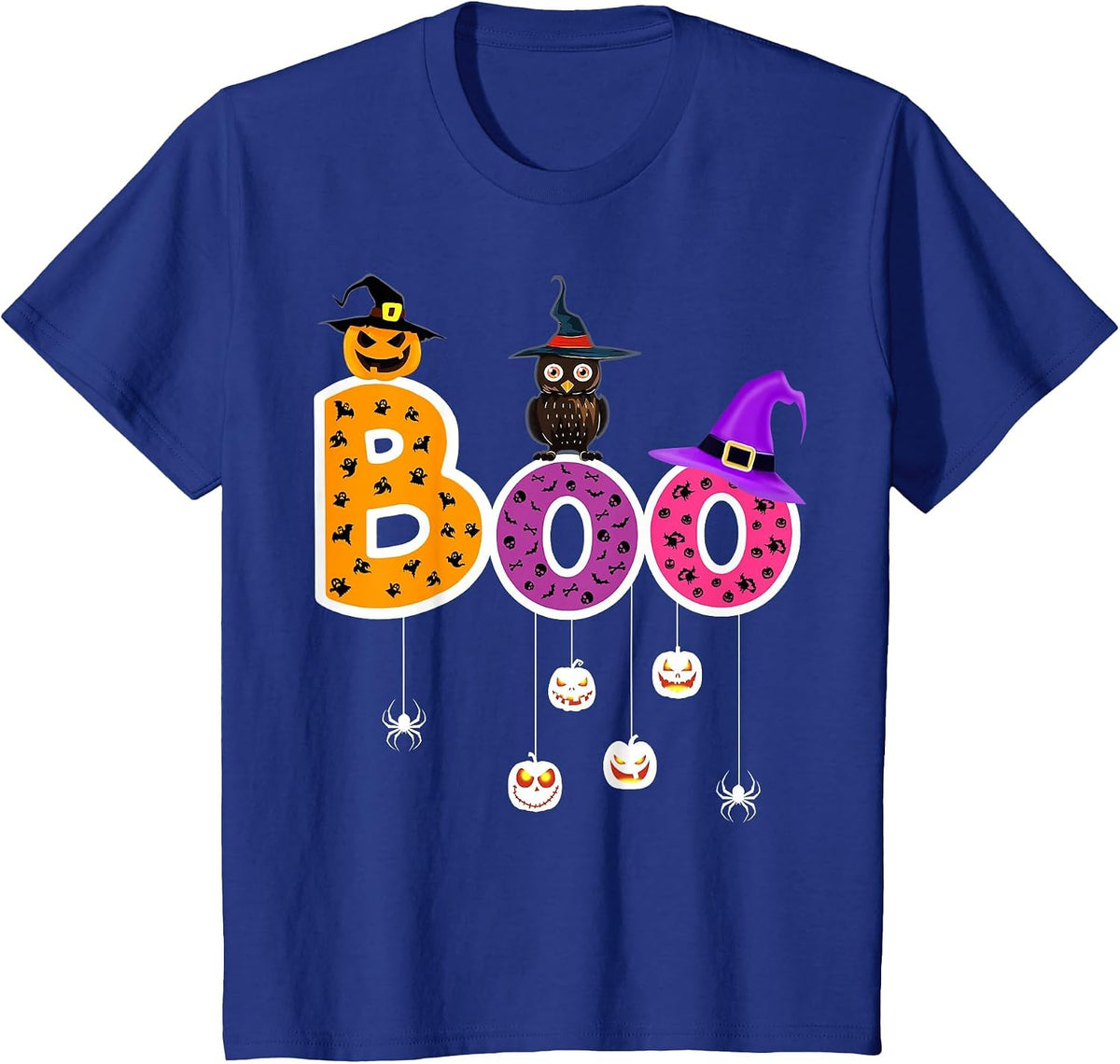 Boo Halloween Costume Spiders Ghosts Pumkin & Witch Hat T-Shirt - Royal Blue
