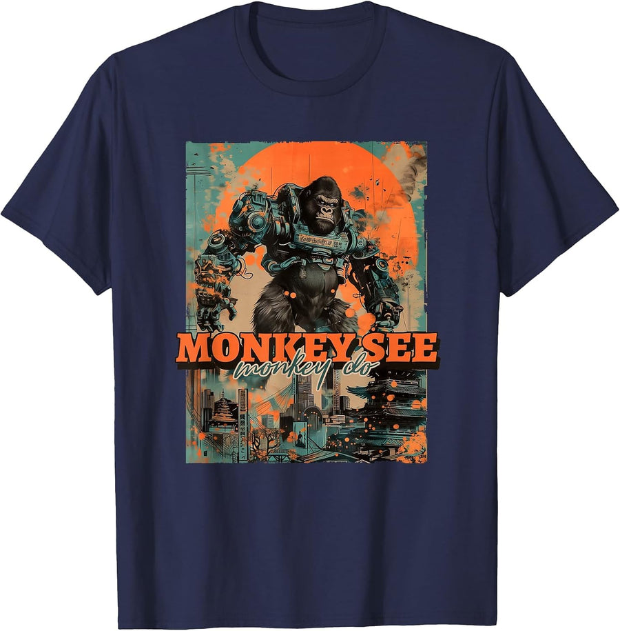 Monkey See Monkey Do (Funny Statement & Gorilla Ape Graphic) T-Shirt - Navy Blue