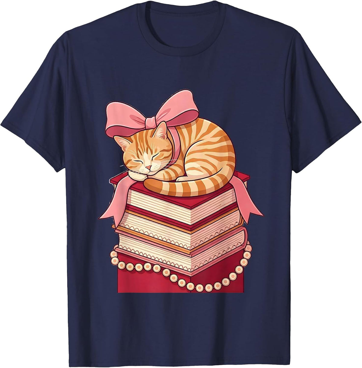 Tabby Cat Napping on Stacked Books Illustration T-Shirt - Navy Blue