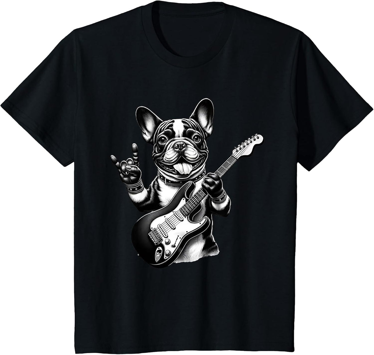 French Bulldog Playing Electric Guitar Rock Star Frenchie T-Shirt - Black