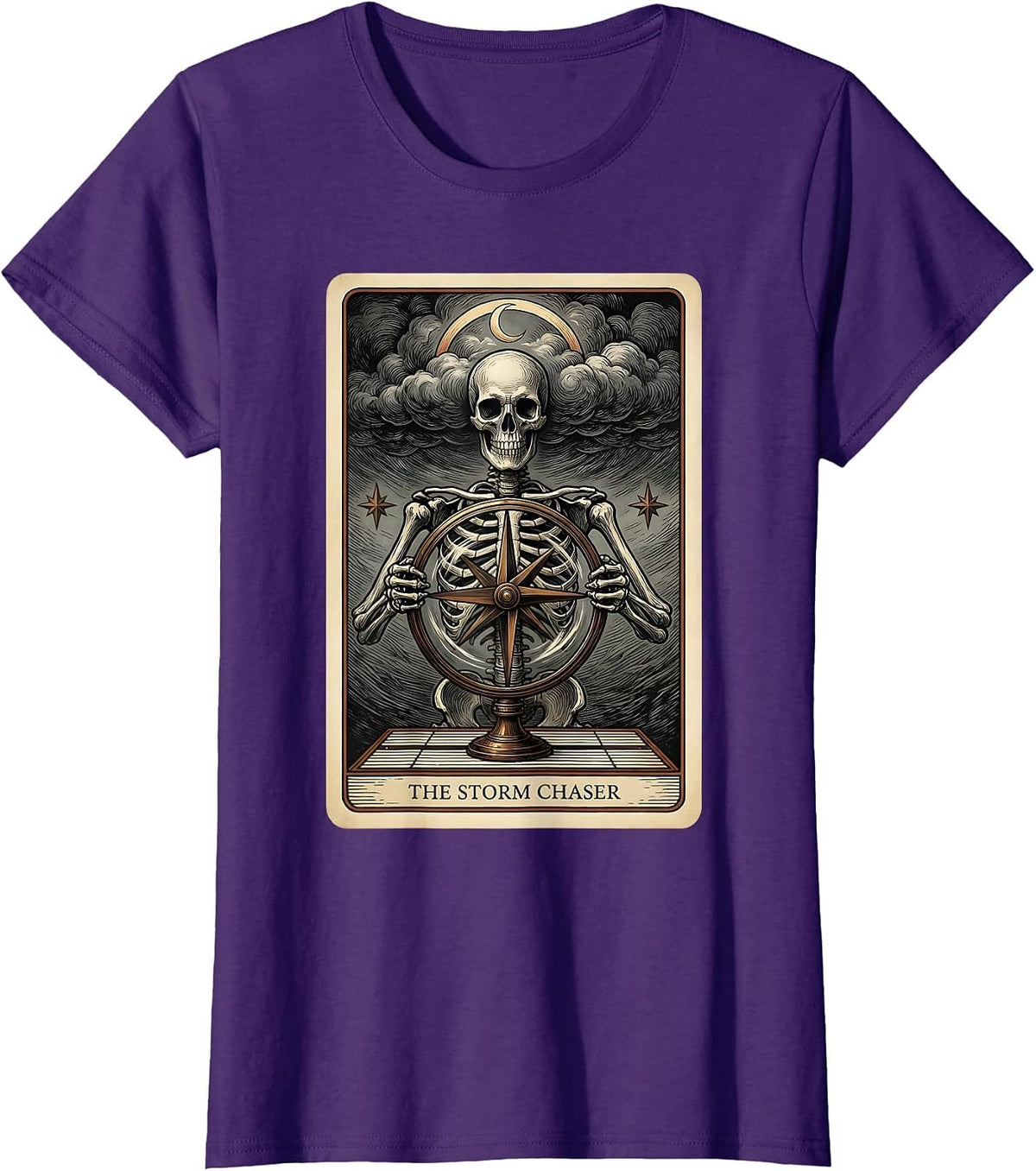 Women's The Storm Chaser Gothic Tarot Card Skeleton Halloween Humor T-Shirt - Purple