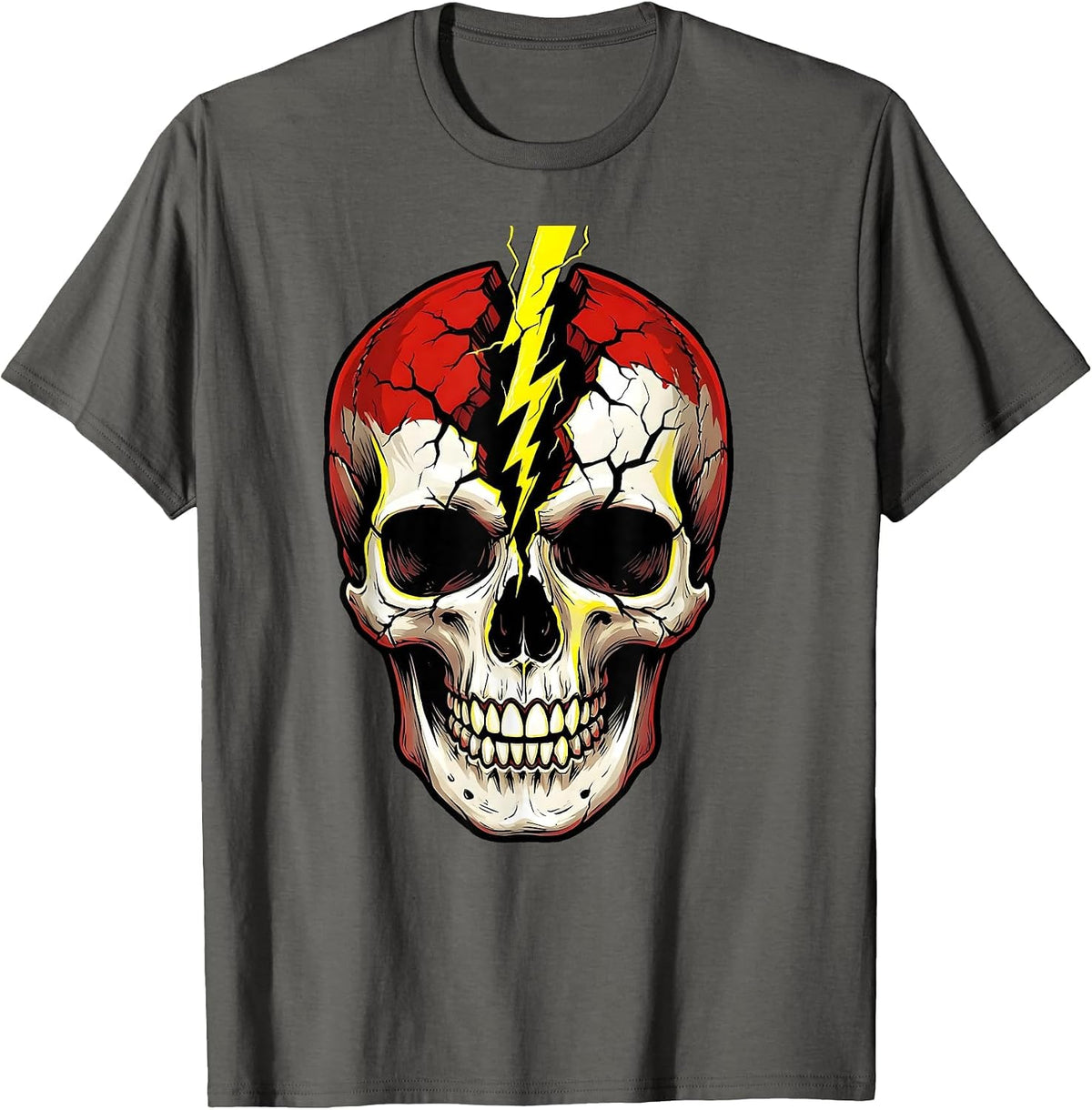 Skull Lightning Bolt Crack Metal Graphic Design T-Shirt - Asphalt Grey