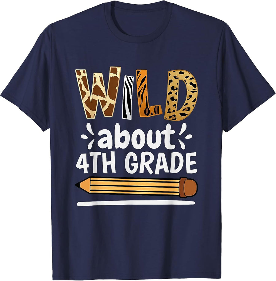 Wild About 4Th Grade, School Grade Teacher T-Shirt - Navy Blue